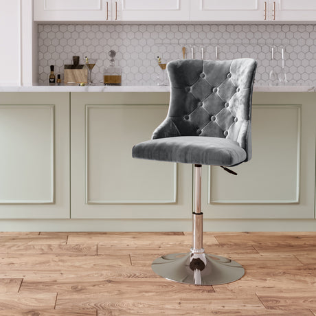 Velvet Swivel Adjustable Bar Stool with Chrome Base Grey