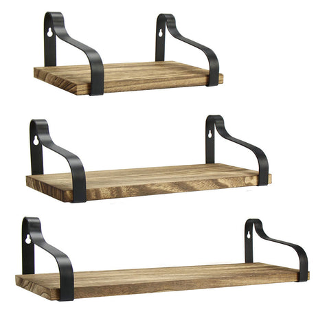 Set of 3 Floating Industrial Wall Shelves Wood Metal Minimalist Storage Unit