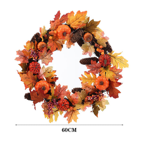 Christmas Halloween Artificial Maple Wreath Rattan with LED Light, Pine Cone 60CM