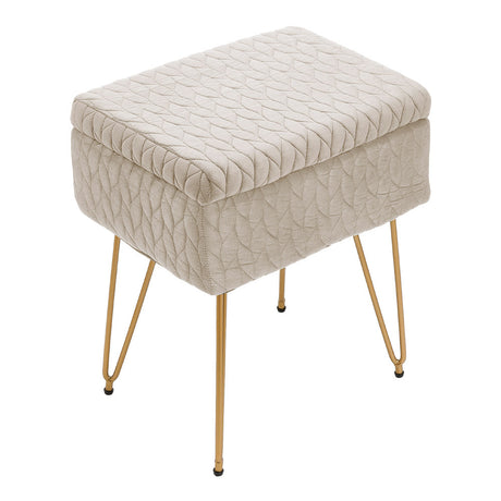 Rectangle Upholstered Vanity Storage Stool with Wooden Tray Top and Gold Metal Legs