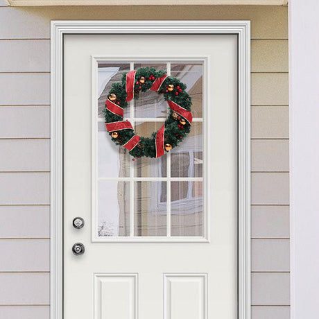 Red Ribbon Artificial Green Pine Leaves Wreath Hanging Xmas Decor, 30cm Dia