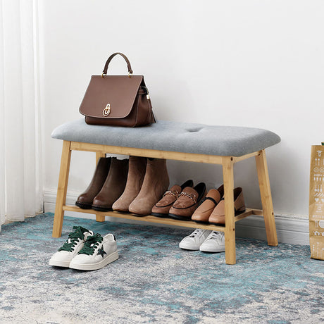 2 Tier Hallway Bamboo bench with Linen Cushion Shoes Storage Rack Grey