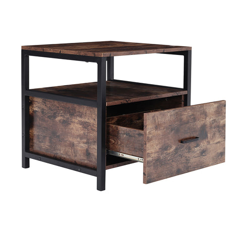 Industrial Bedside Table with Drawer Iron Frame Rustic Wood