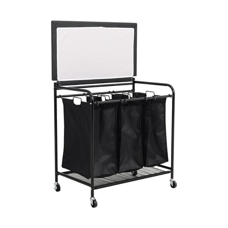 3 Section Black Laundry Sorter Cart with Wheels and Removable Bags Ironing Board