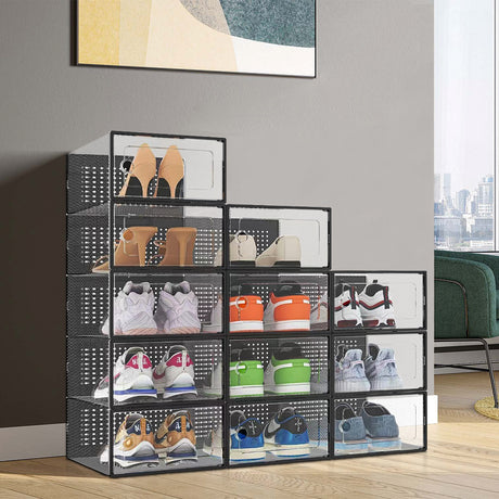 Black 12 Stackable Shoe Storage Box Organiser