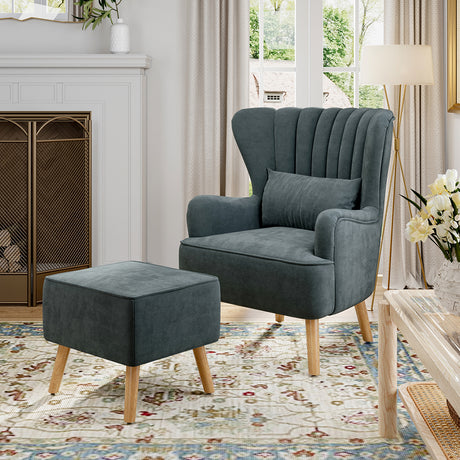 Suede Wingback Armchair with Footstool and Lumbar Pillow, Dark Grey