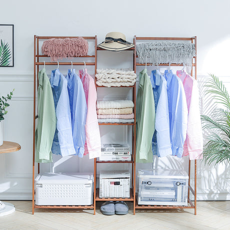 Brown Bamboo Trapezoid Storage Shelves Clothes Hanging Rack