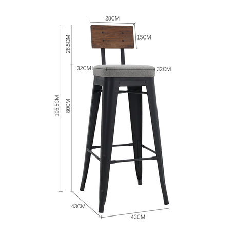 2Pcs Metal Breakfast Bar Stools with Cushions and Backrest,Grey