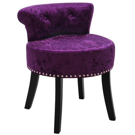 Luxury Velvet Studded Edge Vanity Stool with Button Tufted Back and Wooden Legs