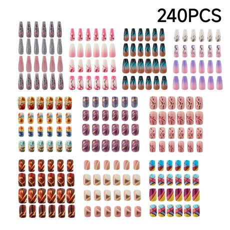 240PCS Floral & Geometric Series Press On Nails Glossy Fake Nails DIY Manicure Set