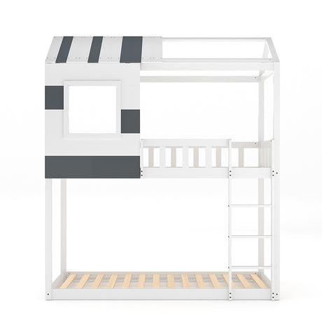 Modern Kids House Bunk Bed Solid Pine Twin Safe Guard Rails