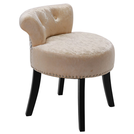 Beige Champagne Velvet Vanity Stool with Solid Rubber Wood Legs