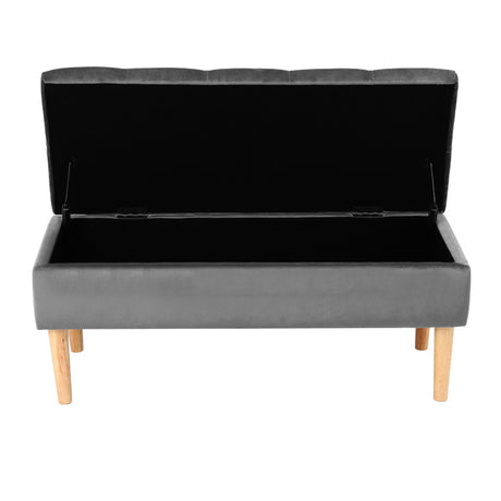 100CM Grey Velvet Storage Ottoman Footstool Rubber with Wooden Leg