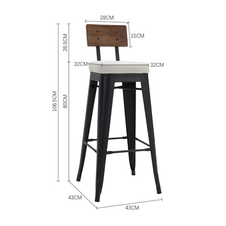 2Pcs Metal Breakfast Bar Stools with Cushions and Backrest,White