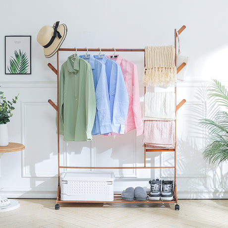 Brown Bamboo Clothes Rack Storage Organizer Shelves