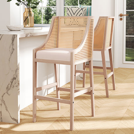 2Pcs Natural Rattan Bar Stools Kitchen Stools with Backrest,White