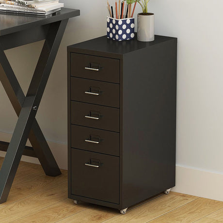 Office Rolling File Cabinet with 5 Drawers Shelf and Wheels, Black