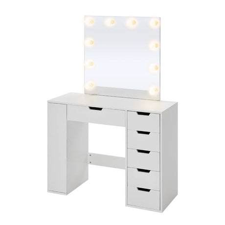 White Hollywood Dressing Table with LED Lights Mirror 6 Drawers