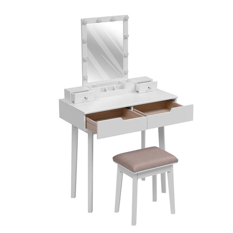 White Vanity Table with LED Mirror Cushioned Stool and Storage Drawers