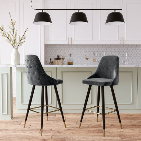 Set of 2 Velvet High foot Bar Stool Buttoned Back Grey