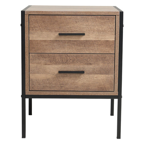 Metal Frame Wood Industrial Bedside Table Nightstand with Two Drawers