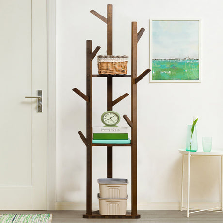 Standing Wood Cloth Hat Rack with 3 Storage Shelves, Dark Brown