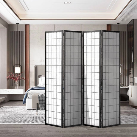 Black 4 Panel Solid Wood Folding Room Divider Privacy Screen