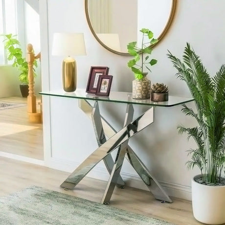120x40CM Rectangle Tempered Glass Top Side Table with Chrome Legs