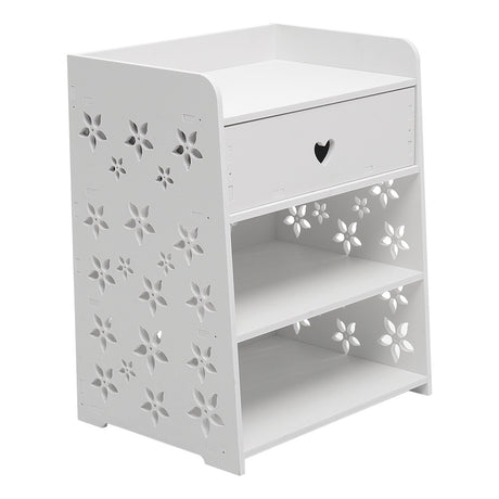 Wood Nightstand Bedside Table with Hollow Flower Design 2-Tier Storage