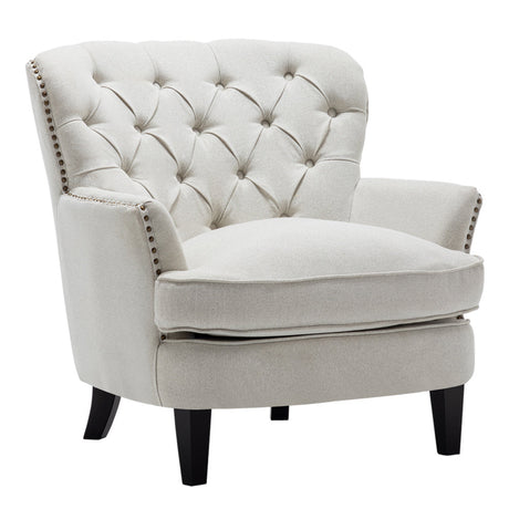 Beige Classic Linen Armchair Padded Seat Wooden Frame Living Room Chair