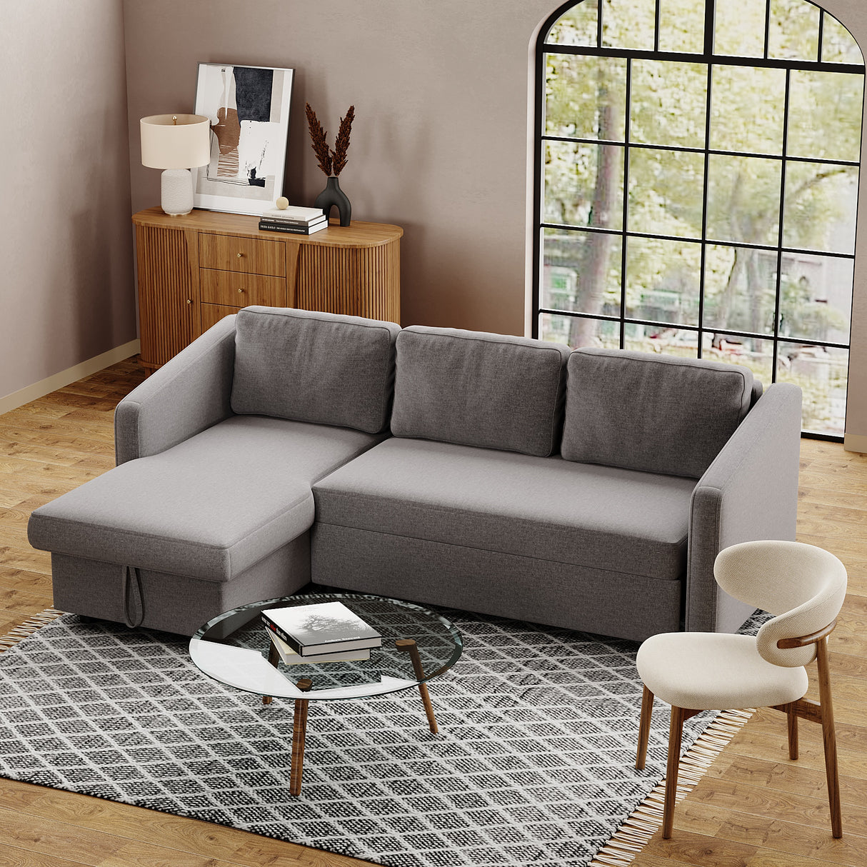 Dark Grey 3 Seater L Shaped Sofa Bed with Storage Pull Out Fabric