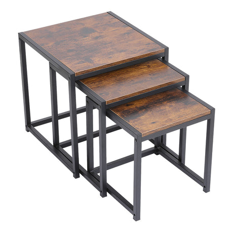 Industrial Square Nesting Side Table Set of 3 with Wood Tops