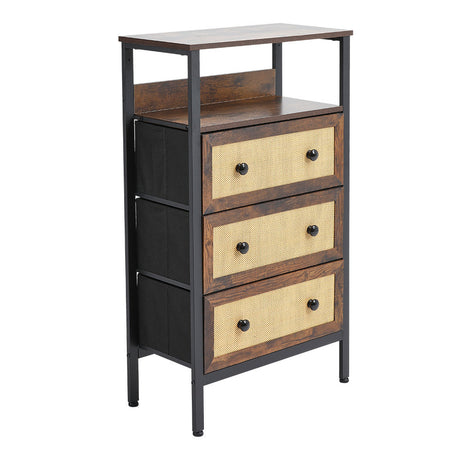 3 Drawer Wooden Rustic Storage Cabinet with Rattan Drawers