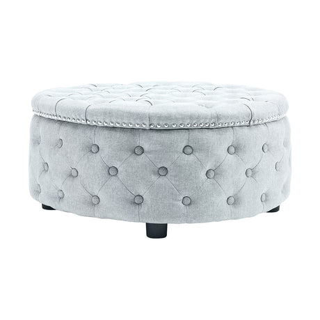 Round Linen Chesterfield Buttoned Wide Two Seater Footstool