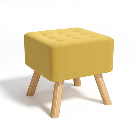 Linen Upholstered Footstool Square Seat with Wooden Legs