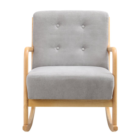 Modern Wooden Rocking Chair Comfortable Linen Buttoned Seat Accent Lounge Chair