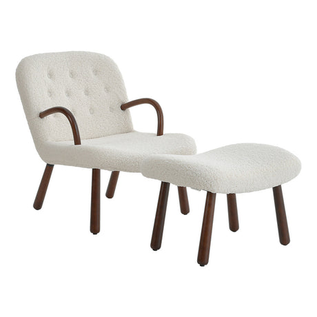 Modern Sherpa Single Sofa and Footstool Set Comfortable Wooden Armchair