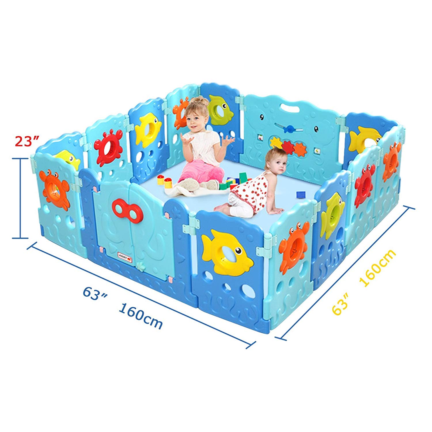 14 Panel Baby Playpen - Kids Safety Playard Activity Centre, Home Indoor Outdoor - Sea World Theme