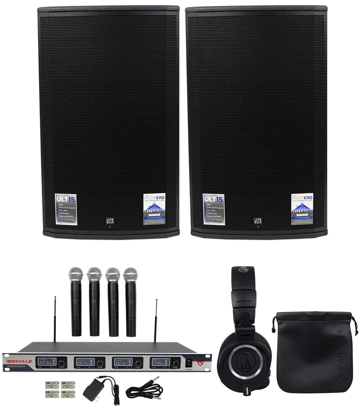 (2) PRESONUS ULT15 1300 Watt 15" Powered DJ/PA Speakers/Monitors+Headphones+Mics