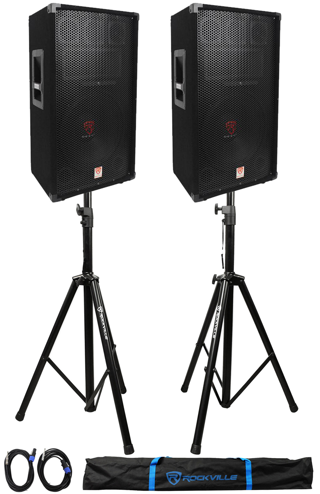 (2)Rockville RSG12 12” 3Way 1000 Watt 8Ohm Passive DJ PA Speaker +Stands +Cables