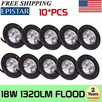 10X 18W 6LEDs Round Work Light FLOOD Lamp Offroad Car Truck SUV 4WD Flush Mount