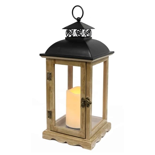 14.5” Metal and Wood Candle Lantern with Flameless LED Candle - 32823927