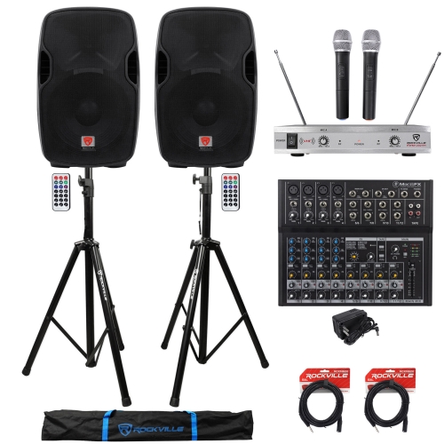 (2) Rockville BPA15 15" 1600w Active PA/DJ Speakers+Mixer+Mic+Stands+Cables+Bag