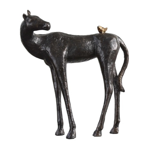 10” Dark Brown Horse with Antiqued Gold Bird Sculpture - 33378119