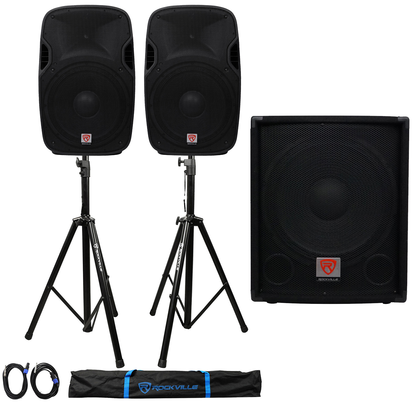 (2) Rockville SPGN158 15" Passive 1600W 8-Ohm DJ PA Speakers+Passive Sub+Stands