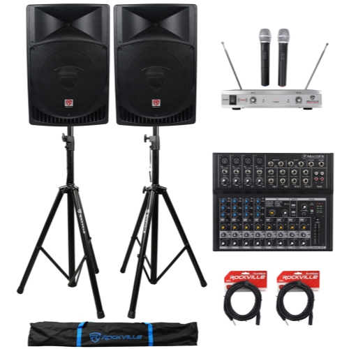 (2) Rockville RPG15 15" 2000w Active PA/DJ Speakers+Mixer+Mic+Stands+Cables+Bag