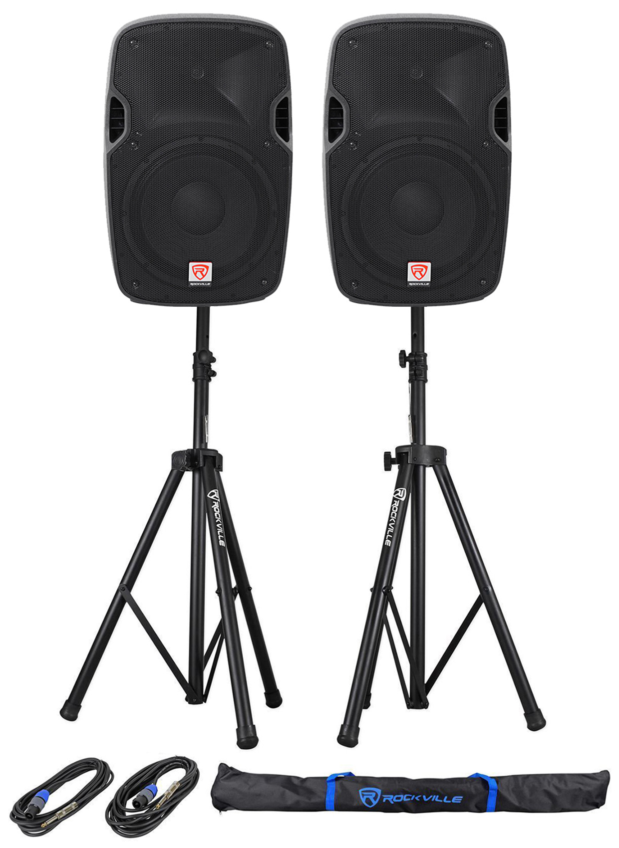(2) Rockville SPGN128 12" 8-Ohm Passive 2400w DJ PA Speakers+Stands+Cables+Bag