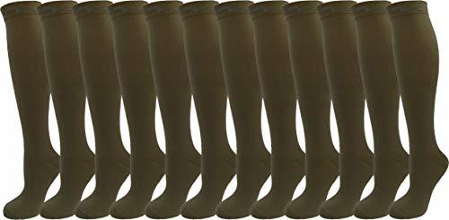 12 Pair Khaki Brown Solid Color Premium Quality Extra Soft Moderate/Medium Graduated Compression 15-20 mmHg. Nurses, Running, Travel Knee-High Socks,