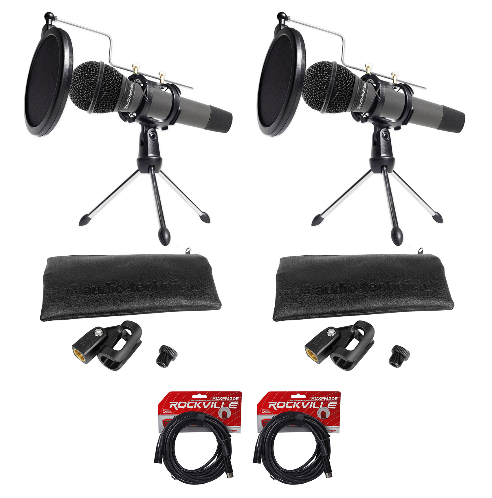 (2) Audio Technica Dynamic Podcasting Podcast Microphones+Stands+Pop Filters