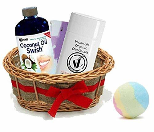 (Gift Basket) Vegan Bath Bomb, Coconut Oil Pulling Mouthwash, Deodorant, Organic Bar Soap